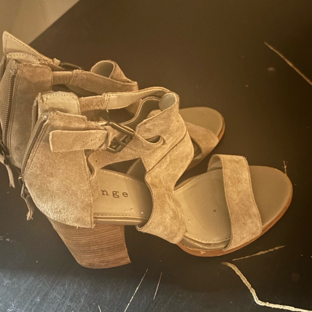 Hinge Tan Suede Block Heel Sandals